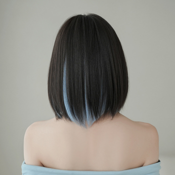 Perucă scurtă, dreaptă, cu fibre sintetice rezistente la temperatură, model D-123-3, perucă completă, breton: drept sau înclinat