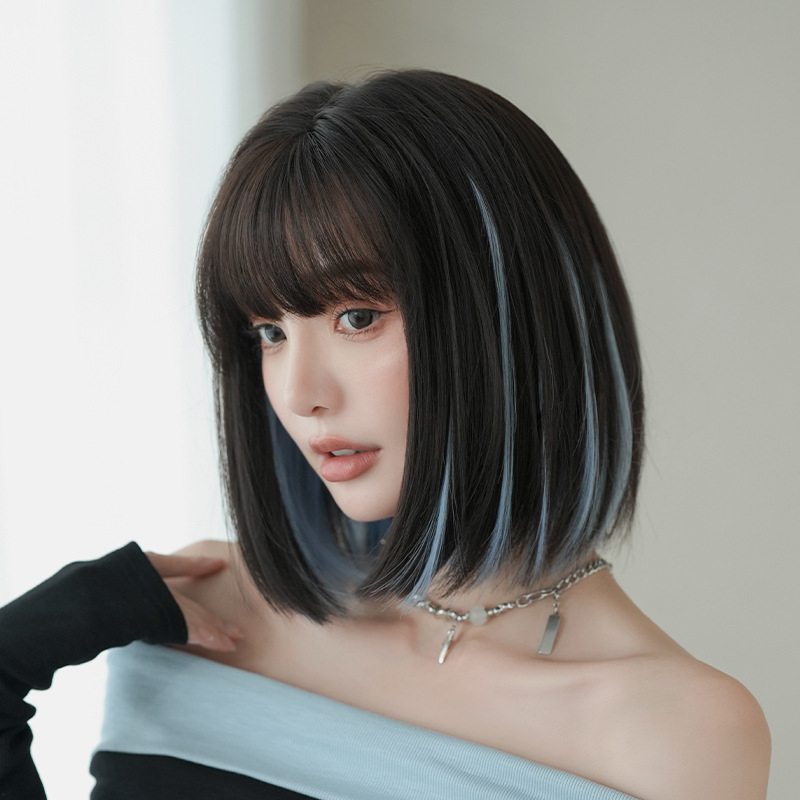 Perucă scurtă, dreaptă, cu fibre sintetice rezistente la temperatură, model D-123-3, perucă completă, breton: drept sau înclinat