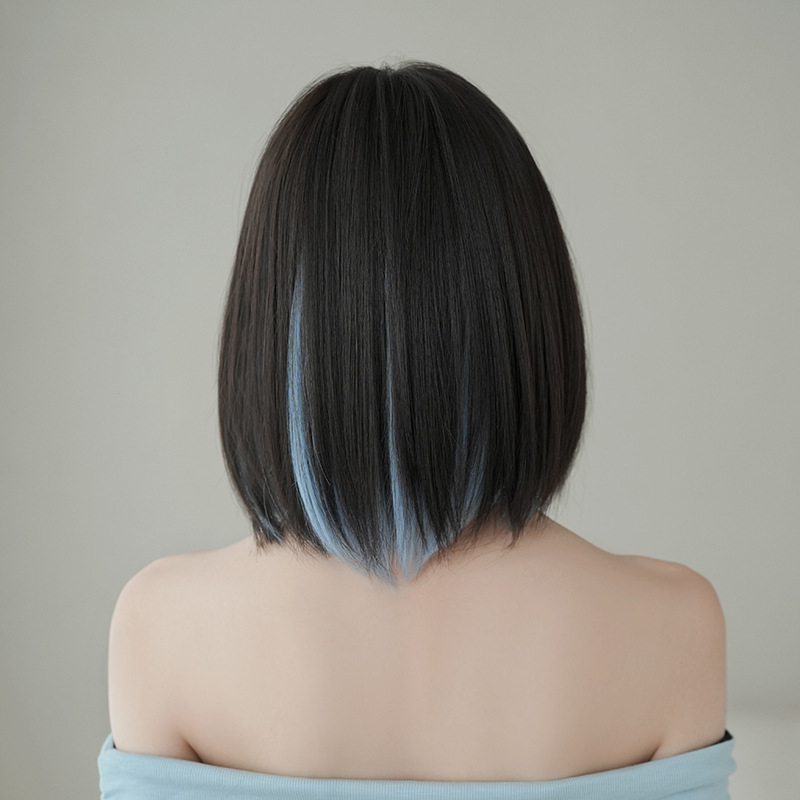 Perucă scurtă, dreaptă, cu fibre sintetice rezistente la temperatură, model D-123-3, perucă completă, breton: drept sau înclinat