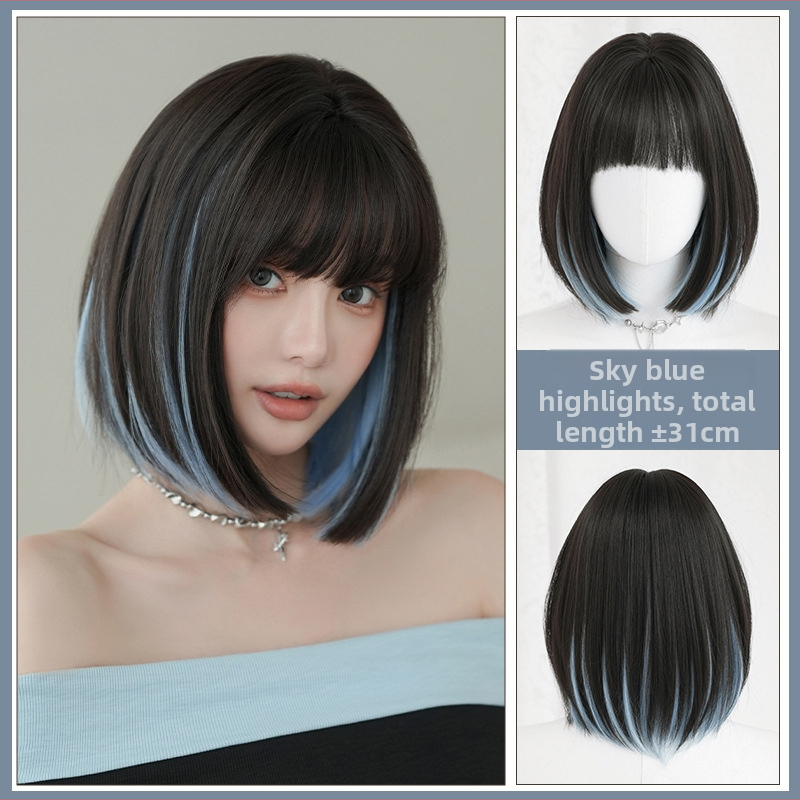 Perucă scurtă, dreaptă, cu fibre sintetice rezistente la temperatură, model D-123-3, perucă completă, breton: drept sau înclinat