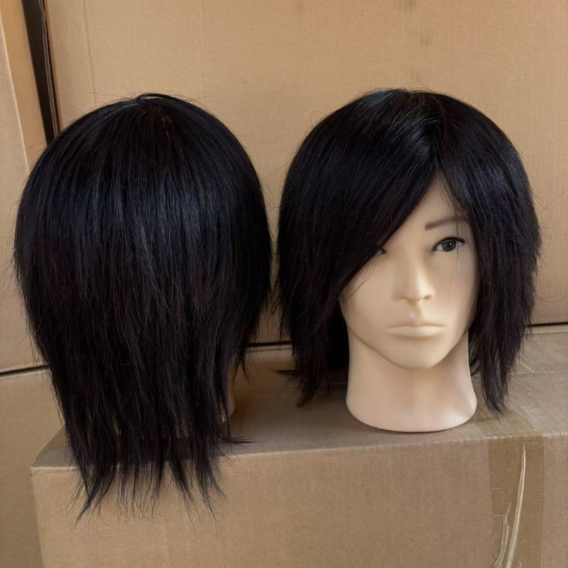 Model cap real pentru practică în frizerie pentru bărbați — păr uman, păr scurt drept, stil natural, pentru practică de tuns