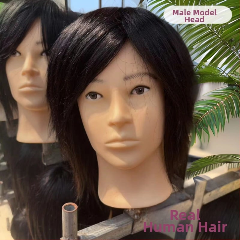 Model cap real pentru practică în frizerie pentru bărbați — păr uman, păr scurt drept, stil natural, pentru practică de tuns