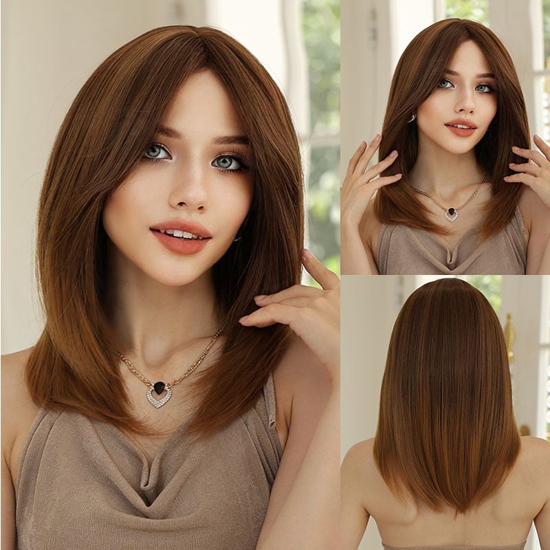 Perucă scurtă dreaptă cu breton în formă de opt, fibră sintetică rezistentă la căldură, prelucrare mecanică, potrivită pentru orice nuanță de ten, gata pentru stilizare