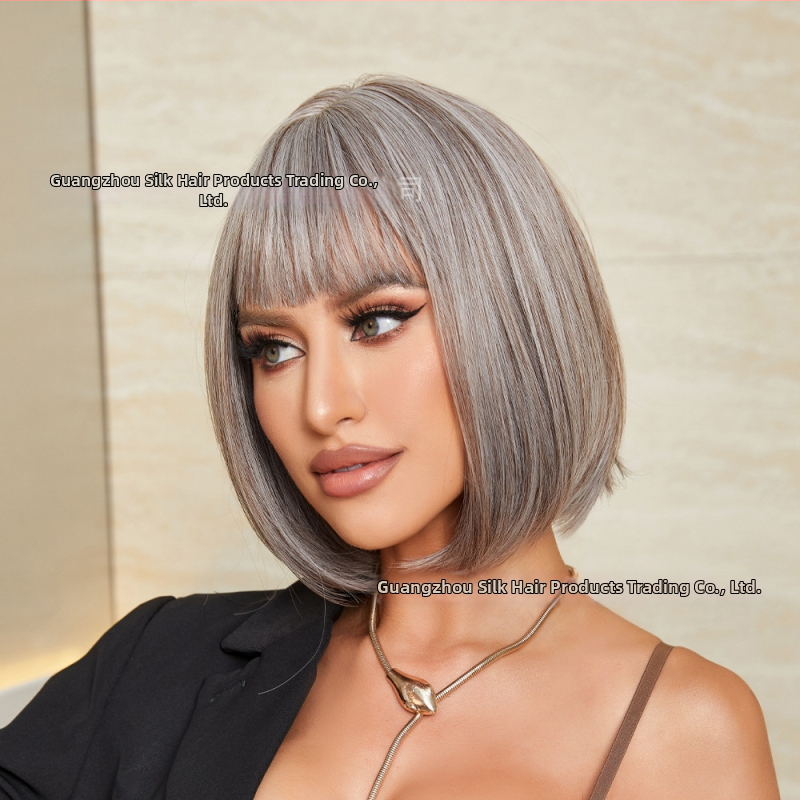 Perucă scurtă, păr drept cu breton Qi, model PL-2268, fire rezistente la temperatură înaltă, nu se poate vopsi