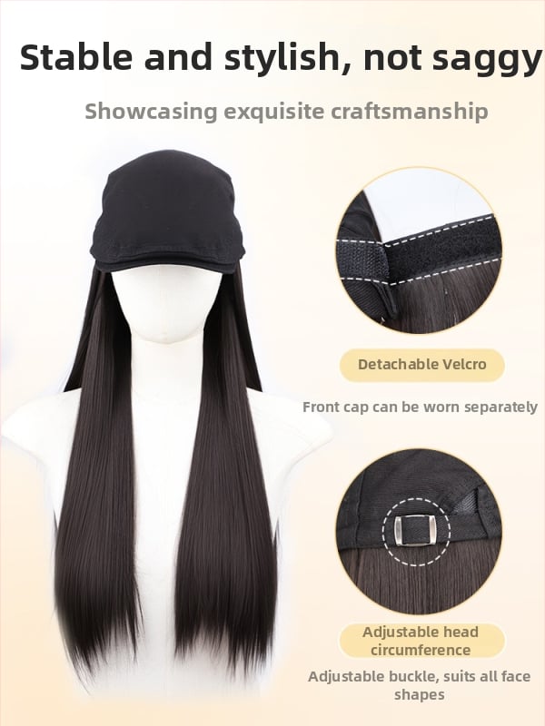 Perucă cu șapcă integrată, păr lung drept, detașabilă, stil coreean, fibre rezistente la temperatură