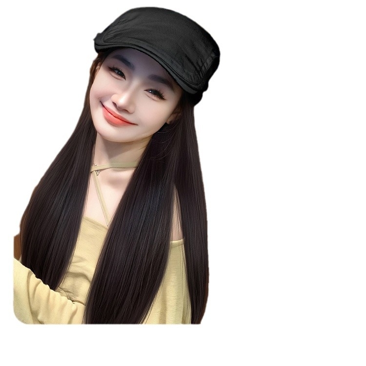 Perucă cu șapcă integrată, păr lung drept, detașabilă, stil coreean, fibre rezistente la temperatură