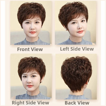 Perucă cu acoperire completă a capului, păr scurt bucle, păr real uman, stil etnic, breton drept sau înclinat, procesare mecanică