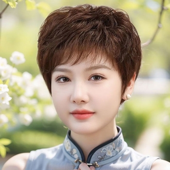 Perucă cu acoperire completă a capului, păr scurt bucle, păr real uman, stil etnic, breton drept sau înclinat, procesare mecanică