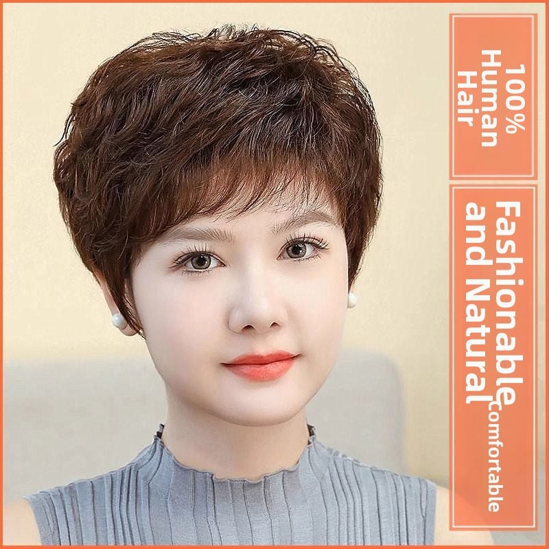 Perucă cu acoperire completă a capului, păr scurt bucle, păr real uman, stil etnic, breton drept sau înclinat, procesare mecanică