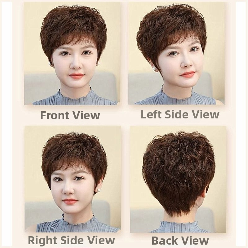 Perucă cu acoperire completă a capului, păr scurt bucle, păr real uman, stil etnic, breton drept sau înclinat, procesare mecanică