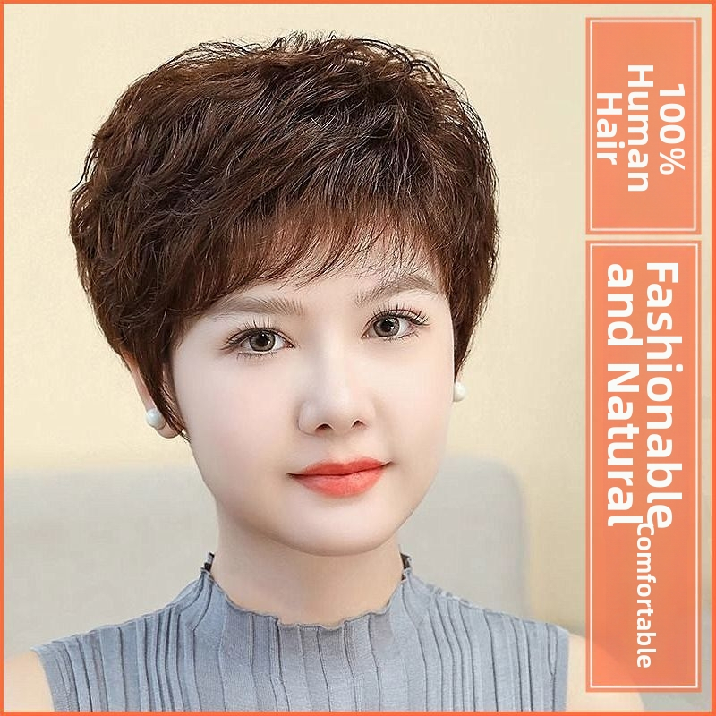 Perucă cu acoperire completă a capului, păr scurt bucle, păr real uman, stil etnic, breton drept sau înclinat, procesare mecanică