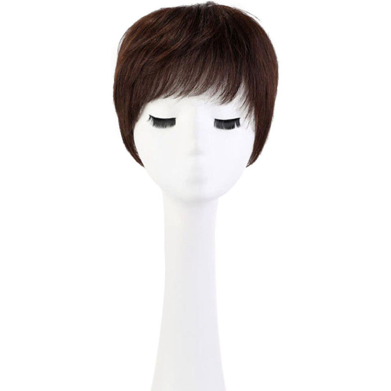 Perucă cu acoperire completă a capului, păr scurt bucle, păr real uman, stil etnic, breton drept sau înclinat, procesare mecanică