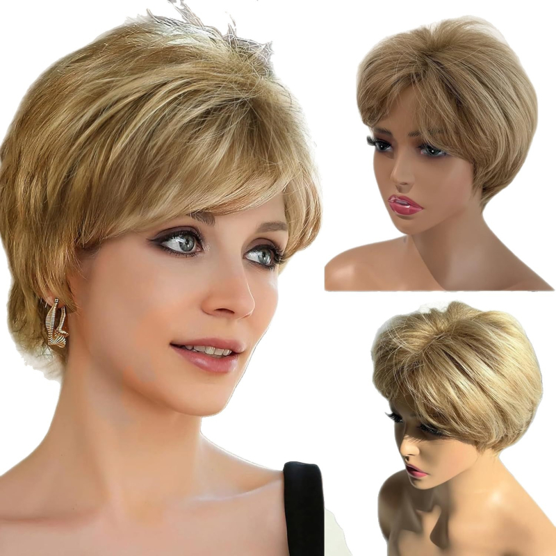 Perucă pentru femei, păr scurt drept, breton oblic, model Jf3326, fibră rezistentă la temperaturi înalte, stil vedete