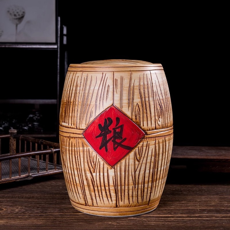 Cutie ceramică pentru depozitarea orezului, cu capac, sigilată, rezistentă la umezeală și insecte, capacitate 10 L+, stil Chinez nou