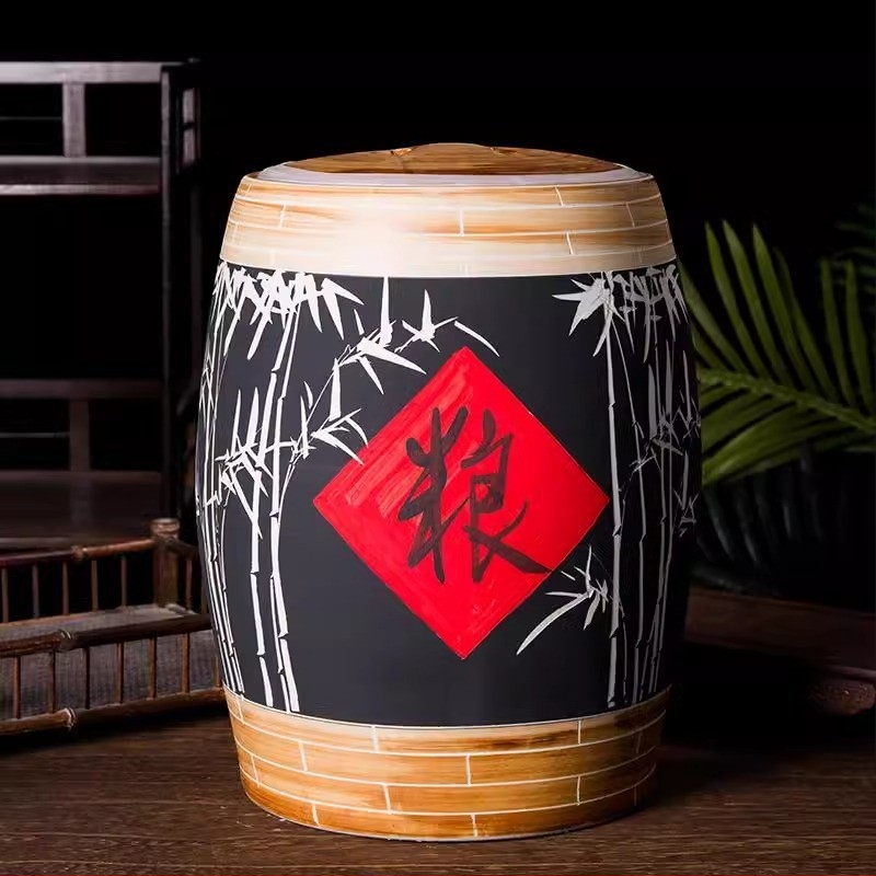 Cutie ceramică pentru depozitarea orezului, cu capac, sigilată, rezistentă la umezeală și insecte, capacitate 10 L+, stil Chinez nou