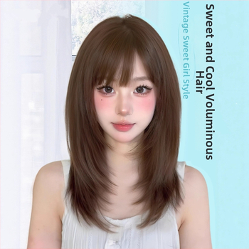 Perucă, păr scurt drept, stil japonez, lungime până la claviculă, breton aerian; fibre rezistente la căldură, mecanism, model 446