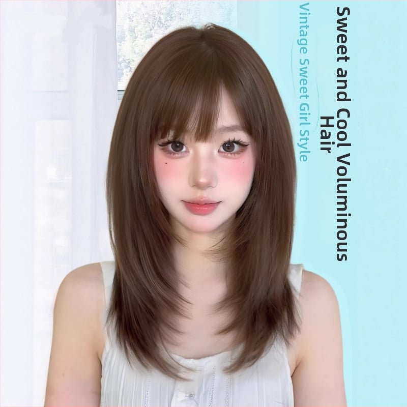 Perucă, păr scurt drept, stil japonez, lungime până la claviculă, breton aerian; fibre rezistente la căldură, mecanism, model 446