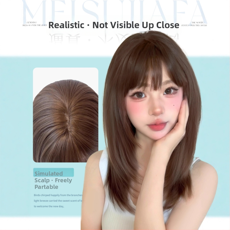 Perucă, păr scurt drept, stil japonez, lungime până la claviculă, breton aerian; fibre rezistente la căldură, mecanism, model 446