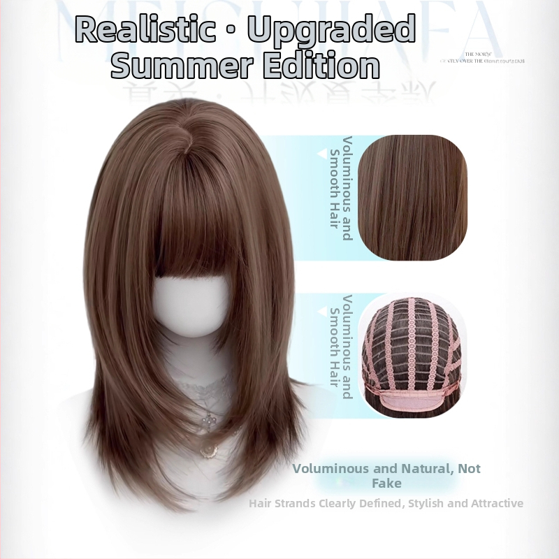 Perucă, păr scurt drept, stil japonez, lungime până la claviculă, breton aerian; fibre rezistente la căldură, mecanism, model 446