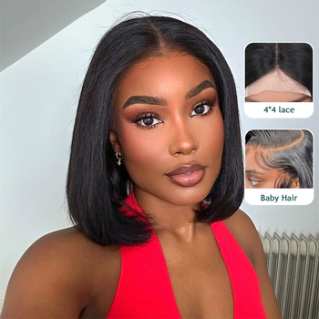 Perucă din păr uman real, bob drept, cusută manual; poate fi vopsită și ondulată.