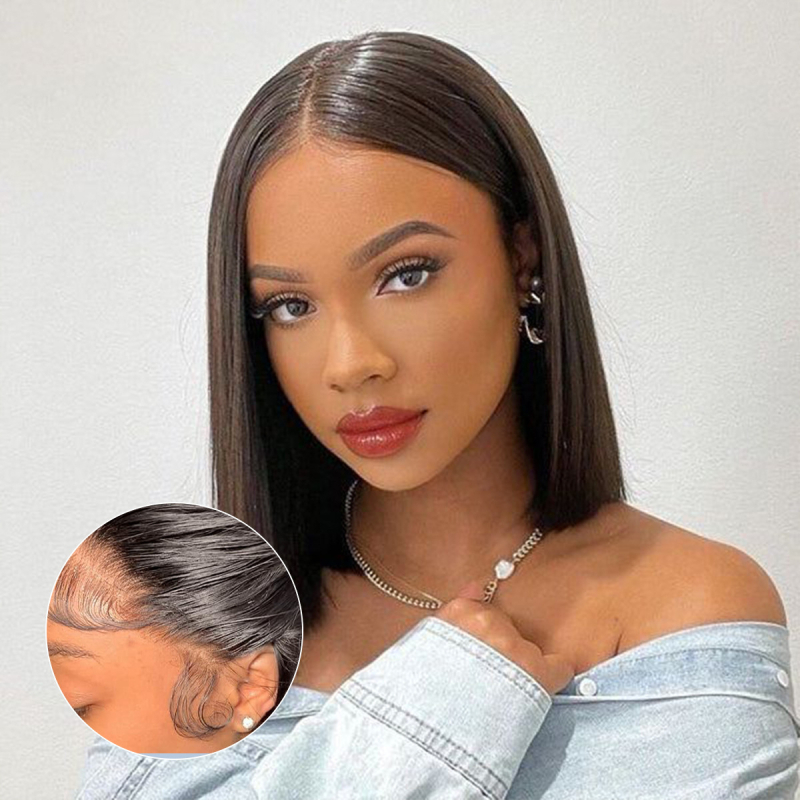 Perucă din păr uman real, bob drept, cusută manual; poate fi vopsită și ondulată.