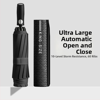 Реверсивен сгъваем чадър с 280T плат, автоматично отваряне/затваряне, каркас с 10 ребра от фибър, обхват 55–61 см, UV защита UPF30+, двойно дебело покритие, мъжки бизнес чадър