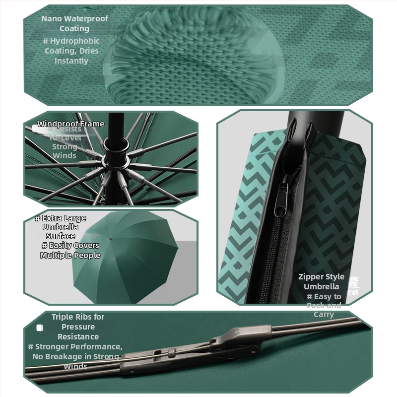 Реверсивен сгъваем чадър с 280T плат, автоматично отваряне/затваряне, каркас с 10 ребра от фибър, обхват 55–61 см, UV защита UPF30+, двойно дебело покритие, мъжки бизнес чадър