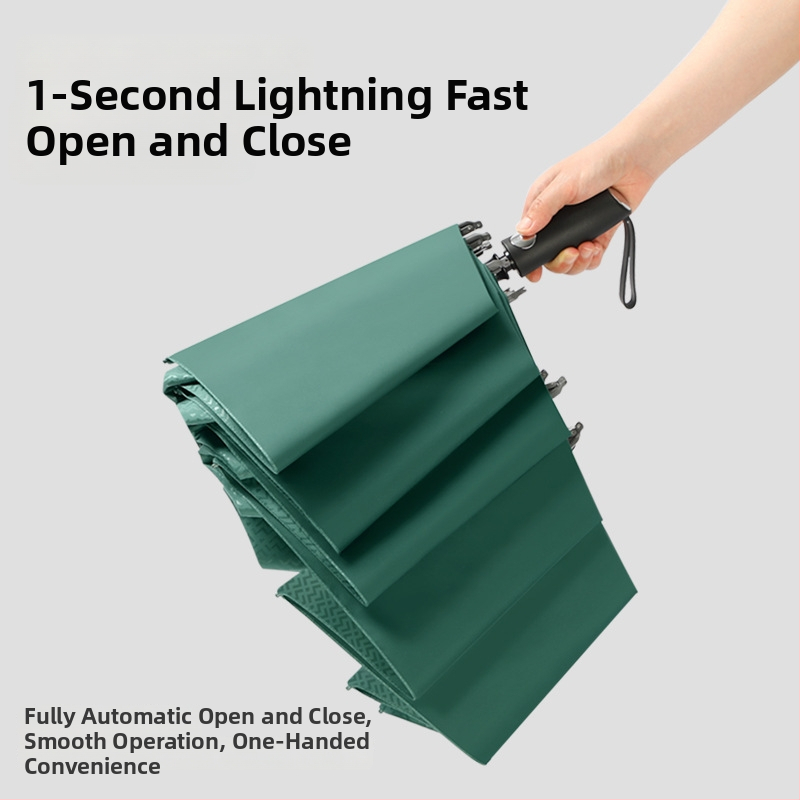 Реверсивен сгъваем чадър с 280T плат, автоматично отваряне/затваряне, каркас с 10 ребра от фибър, обхват 55–61 см, UV защита UPF30+, двойно дебело покритие, мъжки бизнес чадър