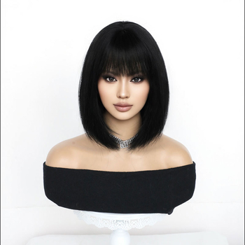 Perucă cu păr scurt drept, franjuri Qi, pentru femei, din fibre rezistente la temperaturi înalte, model W–t449