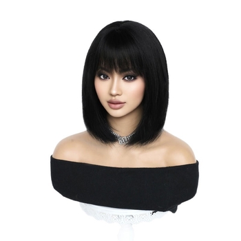 Perucă cu păr scurt drept, franjuri Qi, pentru femei, din fibre rezistente la temperaturi înalte, model W–t449