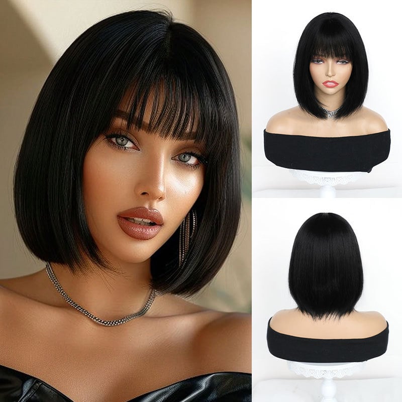 Perucă cu păr scurt drept, franjuri Qi, pentru femei, din fibre rezistente la temperaturi înalte, model W–t449