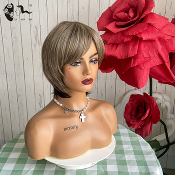 Perucă pentru păr scurt drept cu breton înclinat, fibră sintetică rezistentă la temperaturi înalte, potrivită pentru toate formele feței și tonuri ale pielii, nu poate fi vopsită