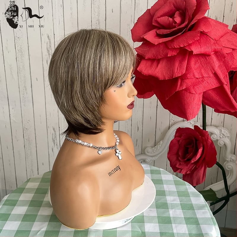 Perucă pentru păr scurt drept cu breton înclinat, fibră sintetică rezistentă la temperaturi înalte, potrivită pentru toate formele feței și tonuri ale pielii, nu poate fi vopsită