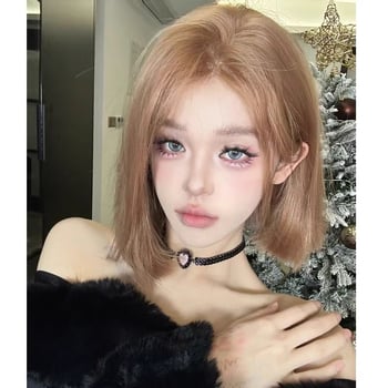 Perucă scurtă, păr drept, breton înclinat, acoperire totală a capului, fir rezistent la căldură, pentru femei