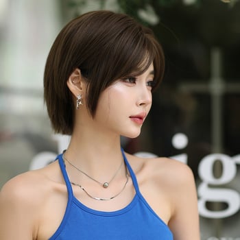 Perucă scurtă din fibre termorezistente, model D-138, stil peste cap (pulover), pufoasă, naturală și respirabilă, pentru purtare zilnică, poate modifica forma