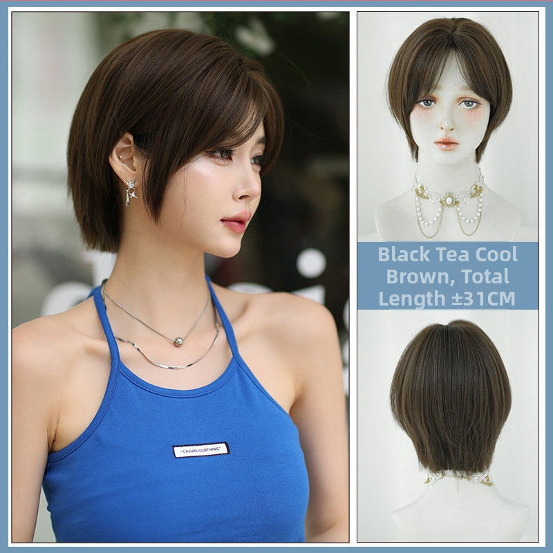 Perucă scurtă din fibre termorezistente, model D-138, stil peste cap (pulover), pufoasă, naturală și respirabilă, pentru purtare zilnică, poate modifica forma