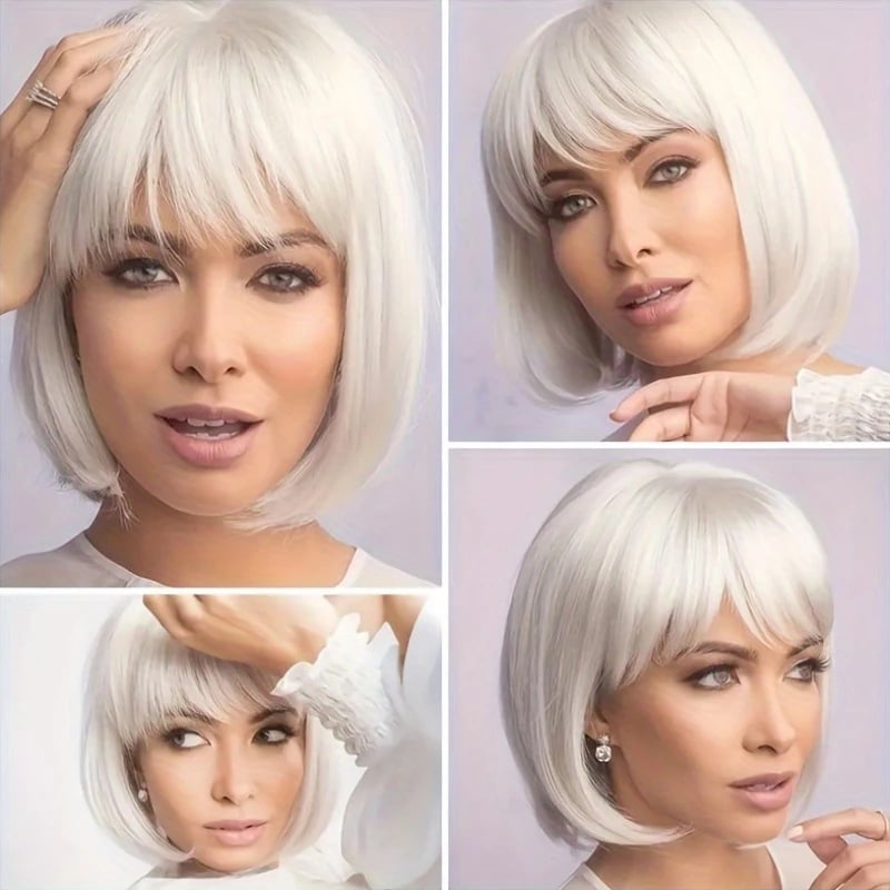 Perucă pentru femei, bob scurt cu breton Qi, WIG-115, fibre rezistente la temperatură, tehnologie mecanică