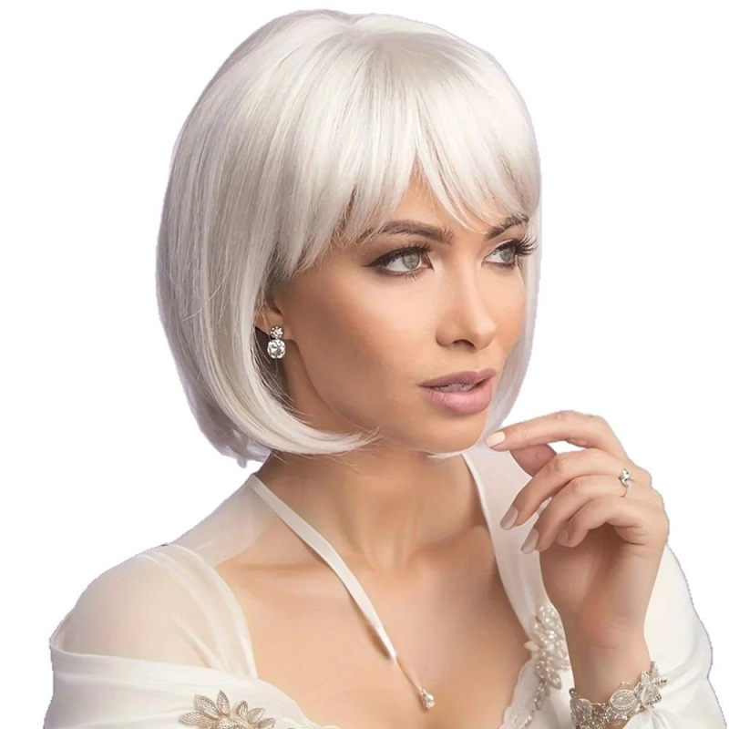 Perucă pentru femei, bob scurt cu breton Qi, WIG-115, fibre rezistente la temperatură, tehnologie mecanică