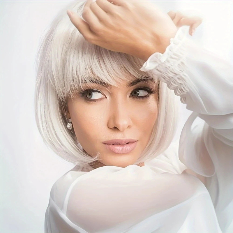 Perucă pentru femei, bob scurt cu breton Qi, WIG-115, fibre rezistente la temperatură, tehnologie mecanică