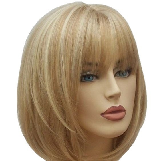 Perucă pentru cap, păr scurt drept bob cu breton Qi, fibre rezistente la căldură, model Py-16945, pentru doamne