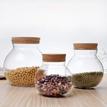 Borcan din sticlă pentru depozitare, cu dop din plută - etanș la umezeală, 501-800 ml, compatibil cu microunde, formă neregulată