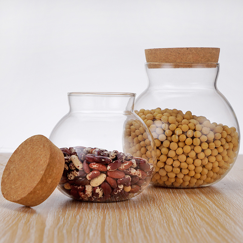 Borcan din sticlă pentru depozitare, cu dop din plută - etanș la umezeală, 501-800 ml, compatibil cu microunde, formă neregulată