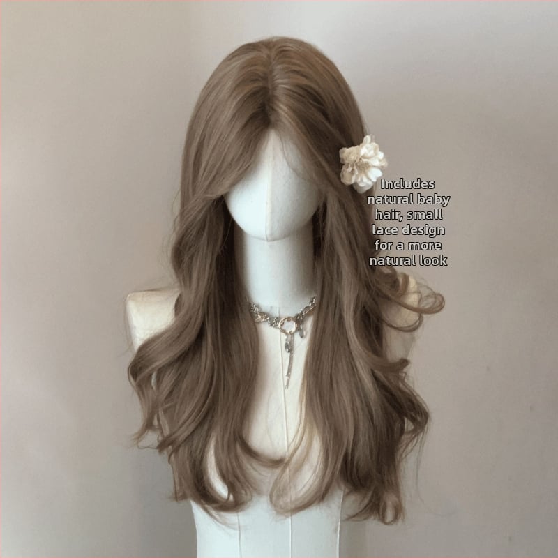 Perucă cu păr lung buclat, model DM430, fibre rezistente la căldură, breton înclinat, zonă din dantelă frontală 5,5×9,5 cm, nu poate fi vopsită sau tratată