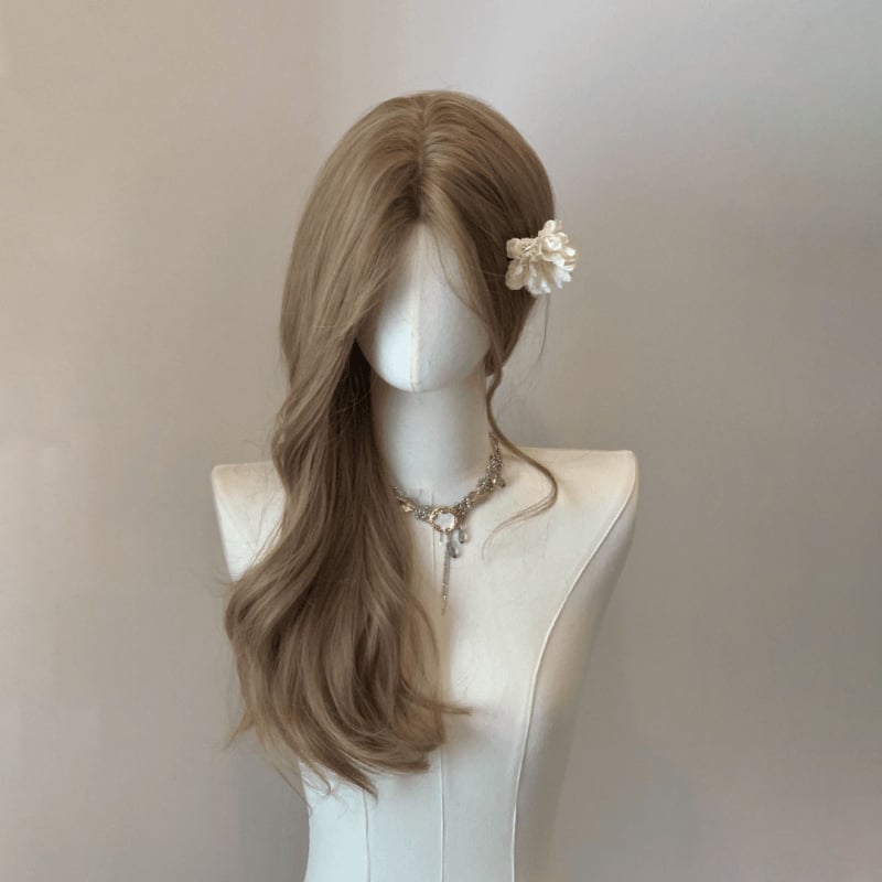 Perucă cu păr lung buclat, model DM430, fibre rezistente la căldură, breton înclinat, zonă din dantelă frontală 5,5×9,5 cm, nu poate fi vopsită sau tratată