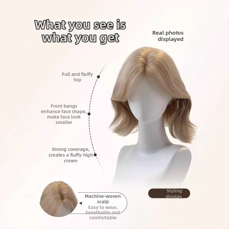 Perucă pentru femei, păr buclat realist cu curling spre exterior, breton în formă de opt, fir de înaltă temperatură, mecanism de prelucrare, modelare a feței