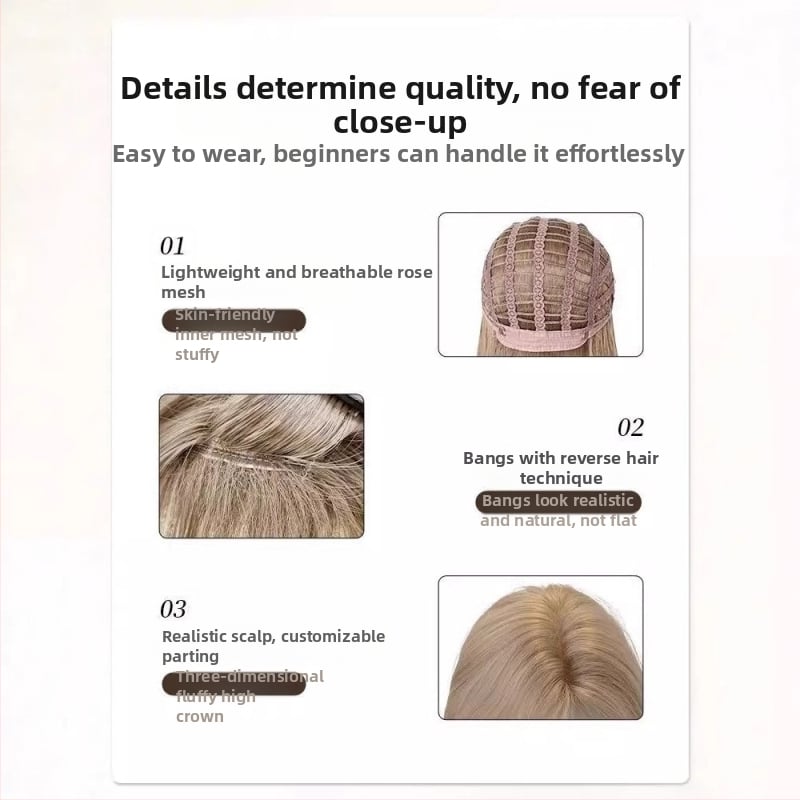 Perucă pentru femei, păr buclat realist cu curling spre exterior, breton în formă de opt, fir de înaltă temperatură, mecanism de prelucrare, modelare a feței