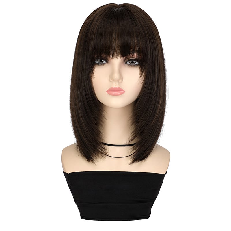 Rövid, egyenes paróka rétegzett kulcscsontig – hőálló rostok, festhető, egyenes frufru, modell SQ049