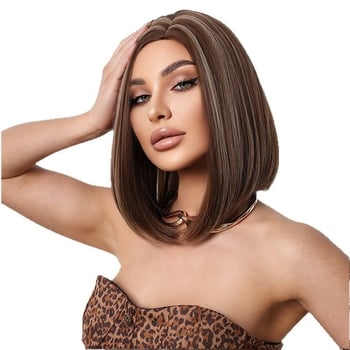 Perucă pentru păr drept, stil bob, parte mijlocie, (Material: fibre rezistente la temperatură; Proces: mecanism; Vopsire sau perm: nu este permis)