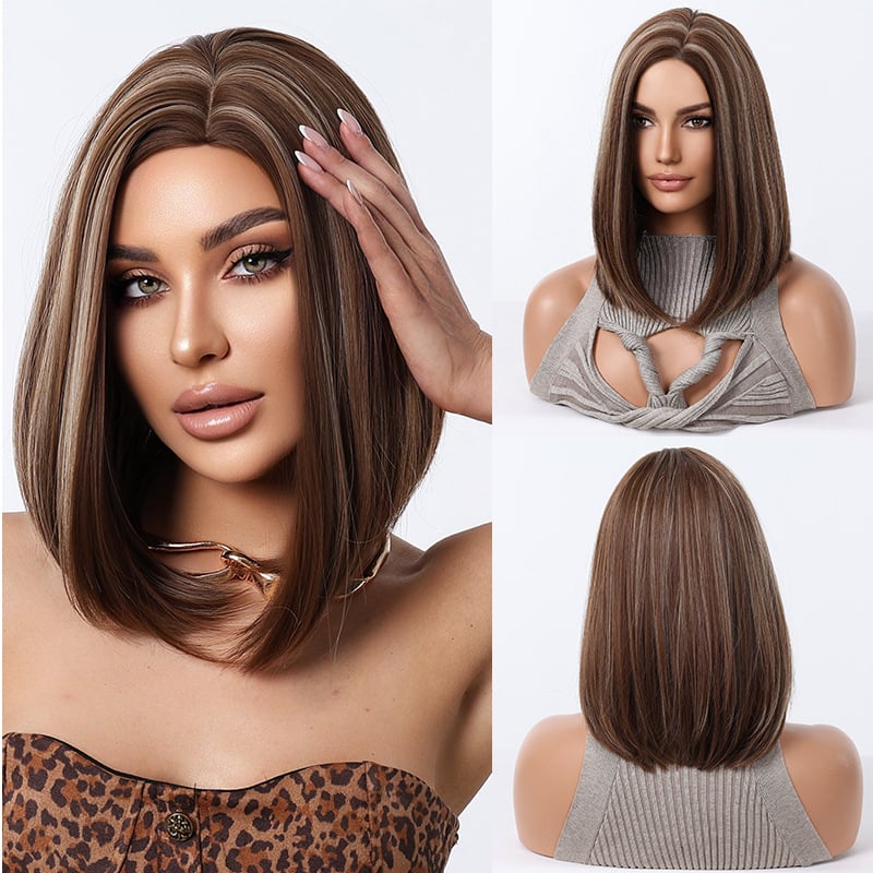 Perucă pentru păr drept, stil bob, parte mijlocie, (Material: fibre rezistente la temperatură; Proces: mecanism; Vopsire sau perm: nu este permis)