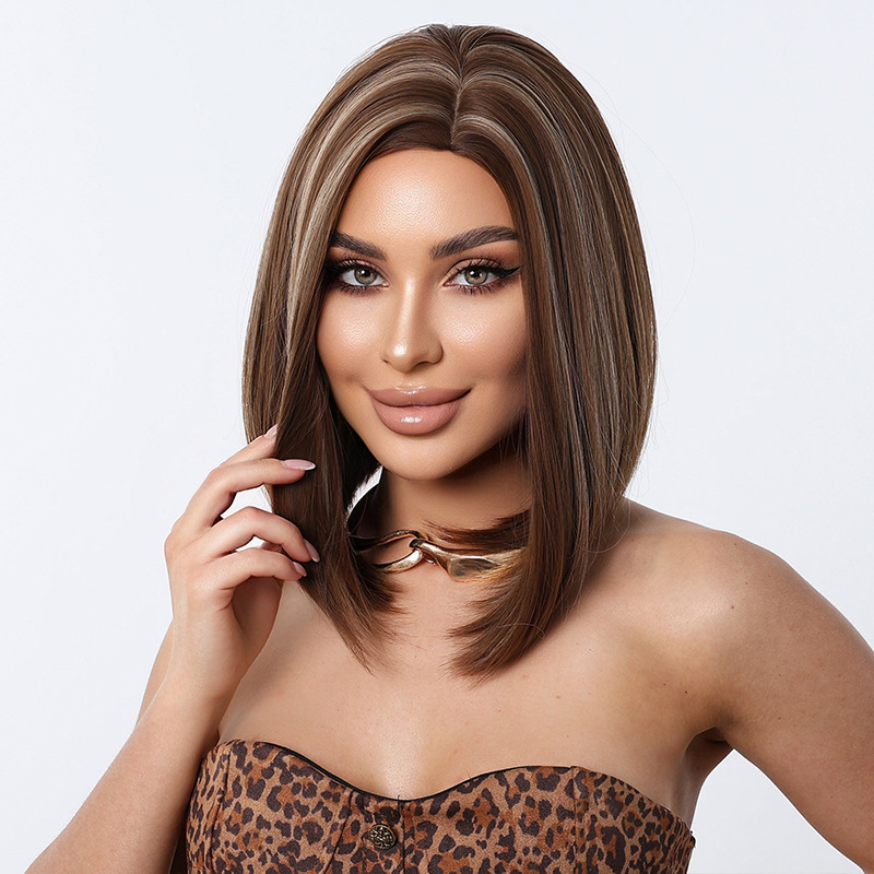 Perucă pentru păr drept, stil bob, parte mijlocie, (Material: fibre rezistente la temperatură; Proces: mecanism; Vopsire sau perm: nu este permis)